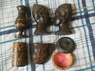 7x Old / Vintage Wooden Wood Items.  Hand Carved.  African Figures,  Pots,  Cup Etc