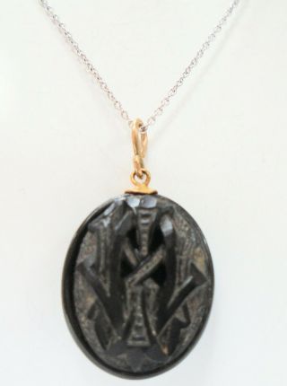 Good Antique Victorian Whitby Jet Mourning Pendant,  Sterling Silver Chain