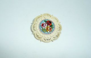 Antique Italian Floral Micro Mosaic Carved Bovine Bone Brooch