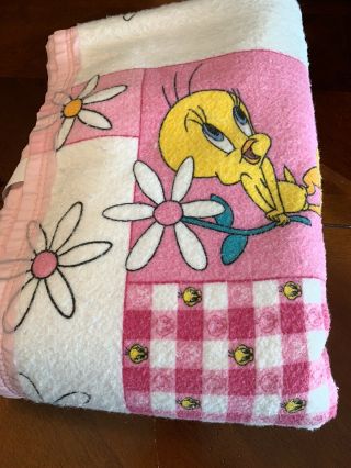 Vintage Pink Tweety Bird Polyester Blanket Bed Spread Looney Tunes 88”x72”