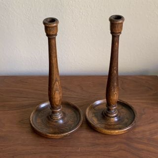 Antique English Oak Candle Holders Candle Sticks Hand Turned Wood Set Of 2