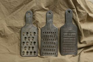 3 Different Primitive Antique Country Kitchen Tin Ever Ready Salad Set Graters