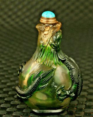 Unique Chinese Old Glass Hand Carved Dragon Statue Snuff Bottle Ornmaent