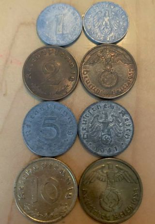 German Nazi Wwii 1 - 2 - 5 - 10 Reichspfennig Coin Set - Eagle With Swastika - Rare C