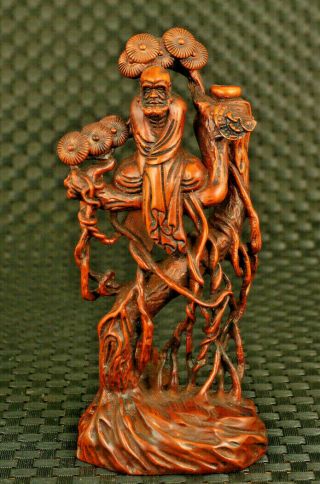 Unique Chinese Old Boxwood Hand Carved Pine Tree Buddha Damo Statue Figure