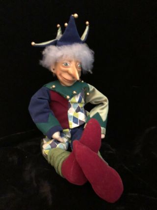 Unusual Porcelain Jester Elf Doll 15” Painted Porcelain Face Mardi Gras Clown