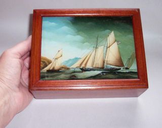 Vintage Wooden Trinket Box Reverse Painted Sailing Ships On Glass Lid Nautical