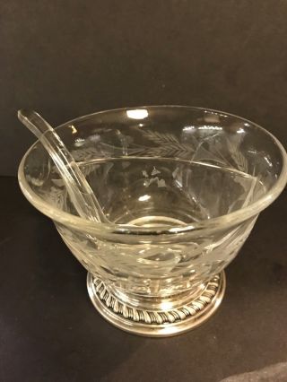 Vtg Sterling Silver Base Etched Glass Divided Condiment Bowl With Glass Spoon