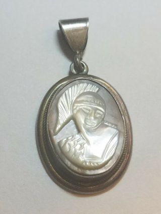 Rare Vtg 800 Silver Mother Of Pearl Cameo Greek Goddess Pendant For Necklace
