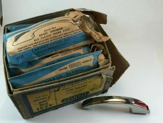 6 Vintage Stanley Chrome Red Push Button Cabinet Handles Latch Set,  4221,  Nos