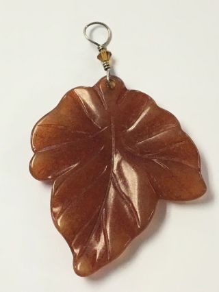 Vintage Chinese Carved Natural Carnelian Agate Leaf Spiritual Pendant