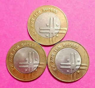 India 10 Rs 2005,  2006,  2007 " Cross " Bi - Metallic Unc Coins Set Of 3 Rare Item