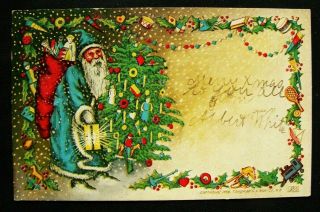 Blue Robe Santa Claus Tree Fancy Toy Border Antique 1906 Christmas Postcard - M519