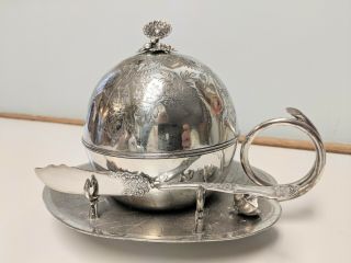 Antique Meriden B Company Silver Plate Lily Pad Butter Dish & Knife