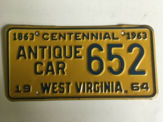 1963 1964 West Virginia Antique Car License Plate Centennial Classic