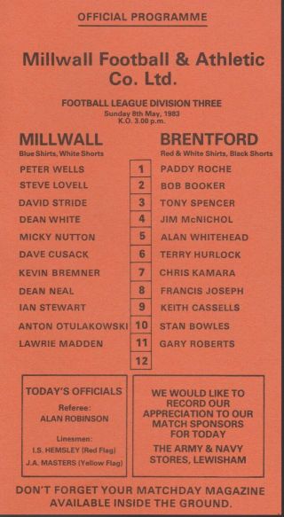 Millwall V Brentford Very Rare Single Sheet Entrance Programme 8/5/83