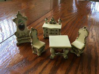 Vintage Porcelain Doll Furniture Bureau Table Mirror & 2 Chairs Germany Numbered