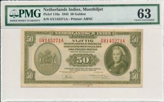 Muntbiljet Netherlands Indies 50 Gulden 1943 Rare In Unc Pmg 63