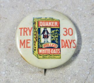 Antique Advertising Pin Back Button Quaker Oats Cereal Box
