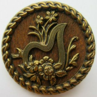 Outstanding Xl Antique Vtg Wood Back Metal Picture Button W/ Lyre 1 - 1/2 " (b)