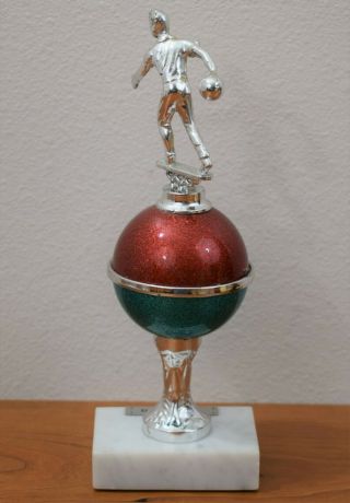 Vintage BOWLING TROPHY Men ' s 1970 ' s Red/Green Sparkle Ball w/White Marble Base 2