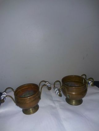 2 Antique/vtg Copper Brass Delft Blue White Ceramic Handle Cache Pots Planters