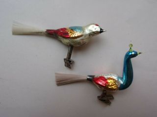 2 Antique German Clip - On Blown Glass Birds Christmas Ornaments