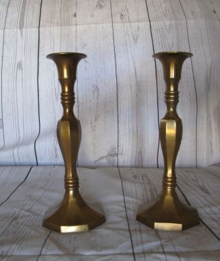 Pair Vintage Solid Brass Candle Stick Holders 8 - 1/4 " Tall Octagon Base Antique