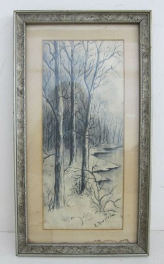 E.  Newstrom Signed Antique Winter Lake Landscape Watercolor Painting Framed 9x17