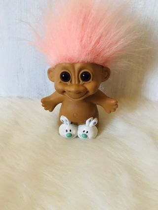 Russ Easter Bunny Troll Doll With Light Pink Hair Salmon W Rabbit Slippers Rare