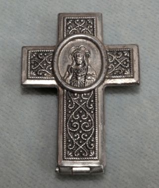 Antique 1930s Czech Cross Crucifix Pendant Box Opens - Plated Brass