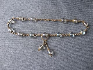 Antique Edwardian Clear Glass Beads Golden Metal Choker Necklace With Dangles