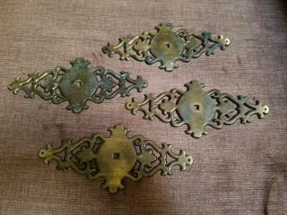 4 Vintage Brass 6 5/8 " Ornate Armoire Cabinet Drawer Plate Pull Rd.  1967 Can.