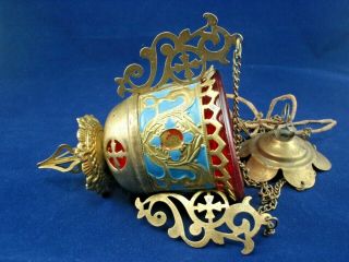 Russian Lamp For Icon Lampada Orthodox Antique Old Bronze With Red Glass