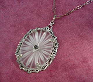 Rare Vintage Edwardian Filigree Intaglio Pendant On Scalloped Chain Necklace
