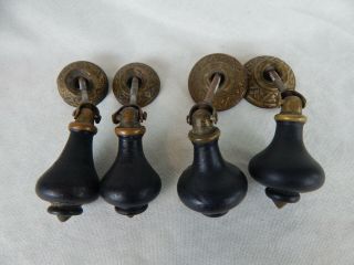 4 Brass & Ebony Wood Antique Teardrop Dresser Chest Drawer Drop Handles Pulls