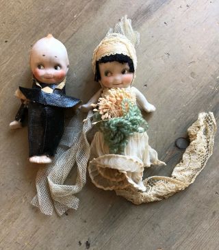 Vintage Bisque Kewpie Bride & Groom Doll Wedding Cake Topper Japan Rose Oneill