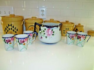 Antique Nippon Hand Painted Pink Roses Lemonade Pitcher And Cups