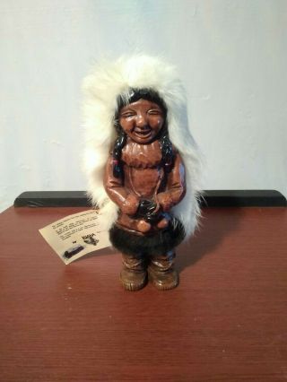 Vintage Nuni Hand Carved Wooden Eskimo With Real Fur Doll (kiana?)