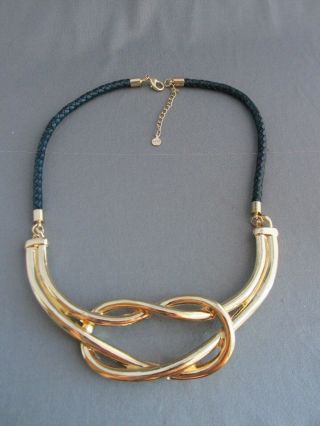 Vintage Loft Gold Tone Blue Black Braided Leather Celtic Twisted Knot Necklace