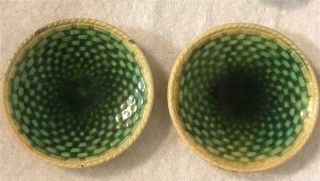 2 Antique Majolica Green & Brown Weave Pattern 3” Butter Pat Dishes