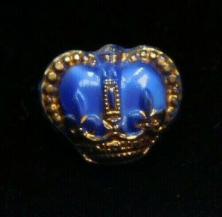 Antique Vtg Button Tiny Cobalt Blue Glass Crown W Gold A6