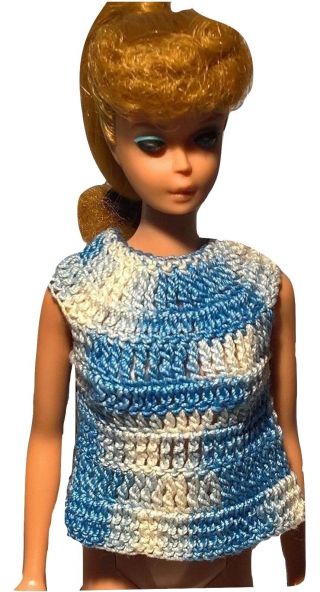 Vintage Barbie Doll Hand Made Blues White Crochet Knit Sweater Top Vest Jacket