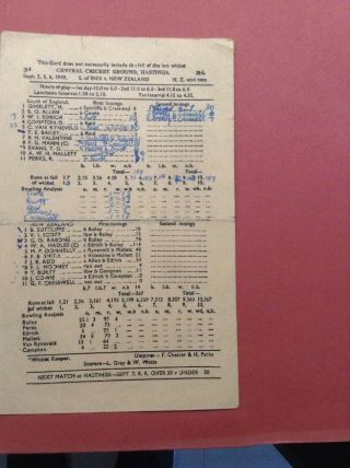 Rare Zealand Tour 1949 Scorecard V South Of England At Hastings