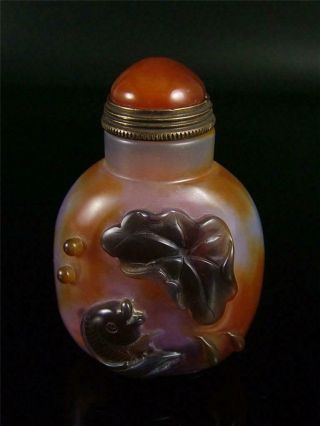 Natural Old Chinese Agate Snuff Bottle Fishes & Lotus Veins Auspicious