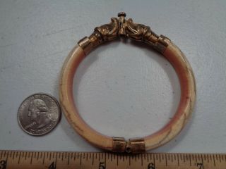 Estate Antique Bovine Bone Hinged Cuff Bangle Bracelet Dog Head Pin Closure