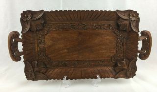 Antique Vintage Wooden Serving Tray Carved Patterned Handled Arts & Crafts Style