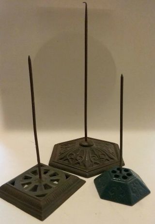 Three Victorian Antique Cast Iron Brass Store Desk Receipt Spikes Holders