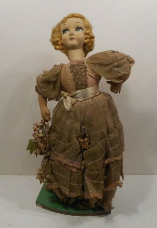 Antique 21 " Tall Composition Paper Mache Head Cloth Straw Filled Doll Fancy Gown