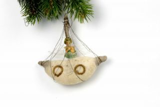 Antique Spun Cotton,  Christmas Ornaments,  Sailing Boat And Angel.  Germany.